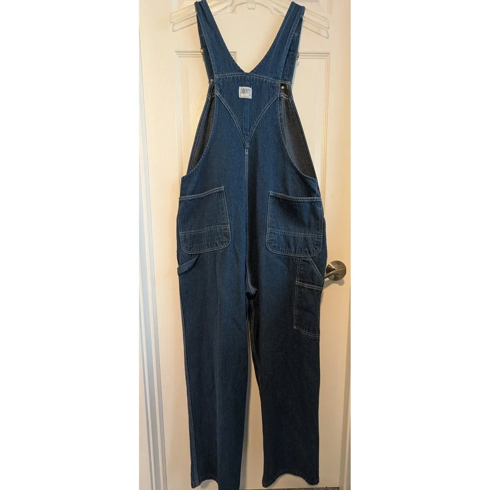 Liberty Mens Denim Bib Overalls Dark Wash Green Zipper 42x30 Workwear Utility - Picture 4 of 5